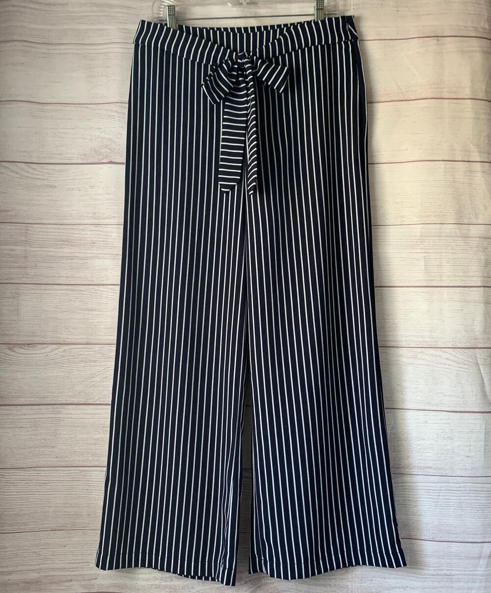 MINE Wide Leg Striped Palazzo Pants Navy White High Waisted Belted Size L